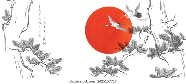 Fondo japonés con grullas o garzas y vector de elemento de árbol de bonsai. Decoraciones chinas dibujadas a mano en estilo vintage. Diseño de banner de cultura asiática