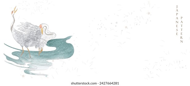 Japanese background with crane birds or herons element vector. Hand drawn wave chinese cloud decorations in vintage style. Watercolor painting with art abstract banner design