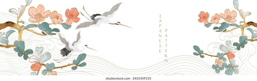 Japanese background with crane birds or herons element vector. Hand drawn branch of flowers chinese wave decorations in vintage style. Watercolor painting with art abstract banner design.