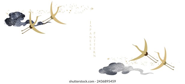 Japanese background with crane birds or herons element vector. Hand drawn wave chinese cloud decorations in vintage style. Watercolor painting with art abstract banner design.