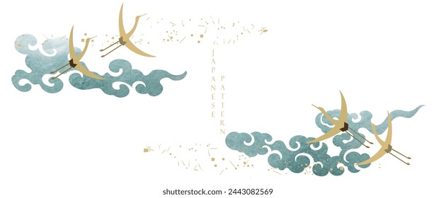 Japanese background with crane birds or herons element vector. Hand drawn wave chinese cloud decorations in vintage style. Watercolor painting with art abstract banner design.