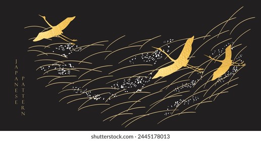  Japanese background with crane birds or herons element vector. Hand drawn wave decorations in vintage style. Black and gold.