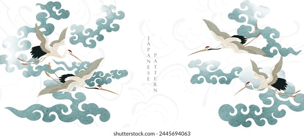 Japanese background with crane birds or herons element vector. Hand drawn wave chinese cloud decorations in vintage style. Blue watercolor painting with art abstract banner design