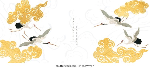  Japanese background with crane birds or herons element vector. Hand drawn wave chinese cloud decorations in vintage style. Gold watercolor painting with art abstract banner design