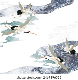 Japanese background with crane birds or herons element vector. Hand drawn wave chinese cloud decorations in vintage style. Watercolor painting with art abstract banner design	