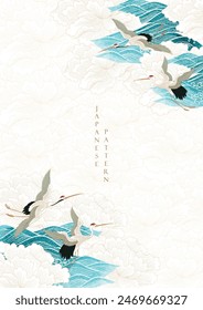 Japanese background with crane birds or herons element vector. Hand drawn wave with peony flower decorations in vintage style.Blue watercolor painting with art abstract banner design.