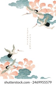 	
Japanese background with crane birds or herons element vector. Hand drawn cloud peony flower decorations in vintage style. Watercolor painting with art abstract banner design.