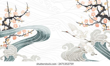 Japanese background with crane birds or herons element vector. Hand drawn wave and cherry blossom flower decorations in vintage style. Watercolor painting with art abstract banner design