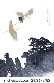 Fondo japonés con grullas o garzas elemento Vector. Decoraciones de silueta de árbol con textura de pintura de acuarela negra en estilo vintage. Diseño Abstractas del Anuncio del arte.