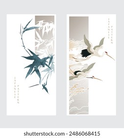 Fondo japonés con grullas o garzas elemento Vector. Decoraciones de hojas de bambú y ola dibujadas a mano en estilo vintage. Pintura de acuarela con arte abstracto diseño de Plantilla.