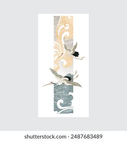 Fondo japonés con grullas o garzas elemento Vector. Decoraciones de nube china dibujadas a mano en estilo vintage. Pintura de acuarela con diseño de Anuncio abstracto de arte.