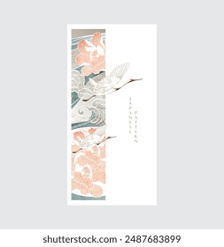 Japanese background with crane birds or herons element with peony flower vector. Hand drawn wave and chinese cloud decorations in vintage style. Watercolor painting with art abstract banner design.