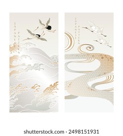 Japanese background with crane birds or herons element vector. Hand drawn wave and chinese cloud decorations in vintage style. Art abstract banner and card design.