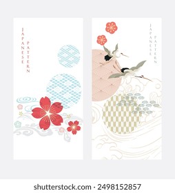 	
Japanese background with crane birds or herons element vector. Hand drawn wave, chinese cloud decorations and cherry blossom flower greeting card design in vintage style. 