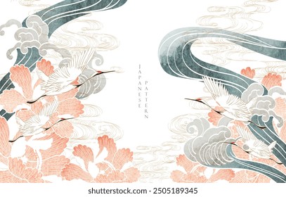 Fondo japonés con pájaros grulla o elemento de garzas con Vector de flor de peonía. Decoraciones de la onda y de la nube china dibujadas a mano en estilo vintage. Pintura de acuarela con diseño de Anuncio de flores de peonía.	