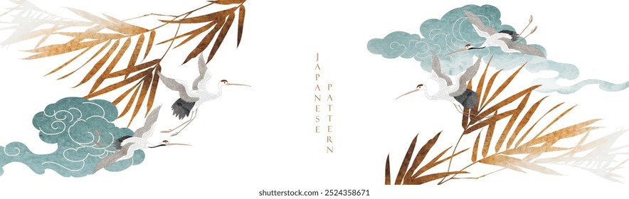 Fondo japonés con pájaros grulla o Vector de elementos de garzas. Decoraciones de la nube china de la onda dibujada a mano en estilo vintage. Pintura de acuarela con diseño de Anuncio abstracto.