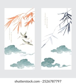 Japanese background with crane birds or herons element vector. Hand drawn wave chinese cloud decorations in vintage style. Watercolor painting with art abstract banner design.