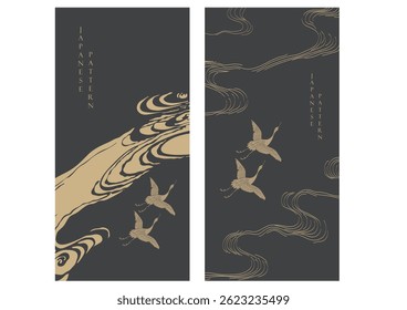 Japanese background with crane birds or herons element vector. Hand drawn wave chinese cloud decorations in vintage style. 