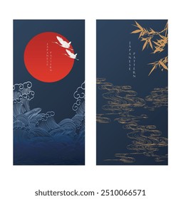 Plano de fundo japonês com pássaros de guindaste e vetor de decoração de sol vermelho. Onda desenhada à mão com bambu deixa elementos em estilo oriental.