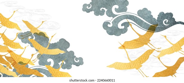 Japanese background with crane birds silhouette gold texture vector. Hand drawn wave chinese cloud decorations in vintage style. Watercolor painting with art abstract banner design. 