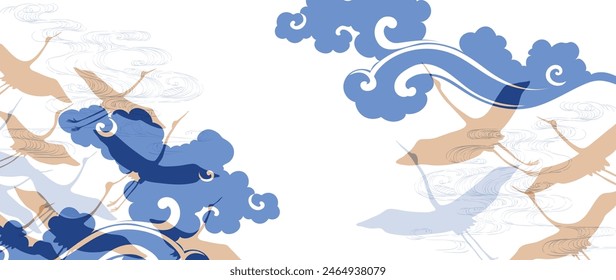 Japanese background with crane birds silhouette vector. Hand drawn wave chinese cloud decorations in vintage style. Art abstract banner design
