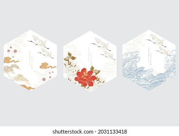 Japanese background with crane birds vector. Asian natural landscape template with hand drawn wave pattern in oriental style. Geometric logo design.