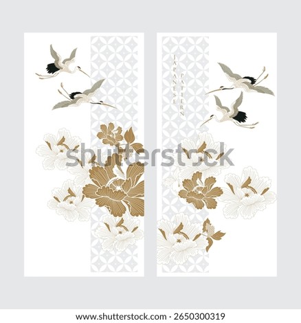 Japanese background with crane birds vector. Peony flower elements. Geometric pattern in vintage style. Invitation card design.