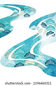 Japanese background decorations with blue watercolor texture in vintage style. Abstract art landscape with bonsai tree with hand drawn wave elements