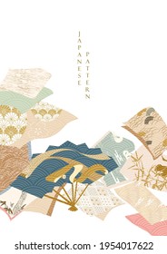 Japanese background with fans and books elements vector. Hand draw wave and cloud decoration in vintage style.