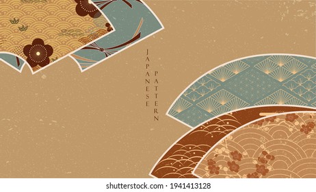 Japanese background with fans element vintage pattern vector. Abstract art. Geometric banner with cherry blossom flower pattern in vintage style. Fans decoration icons.