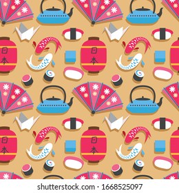 Japanese background in flat style with different traditional symbols and attributes. Vector illustration.