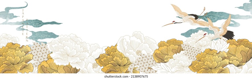 Japanese background with floral gold  texture vector. Peony flower, hand drawn wave chinese cloud decorations in vintage style. Crane birds element with art abstract banner design. 