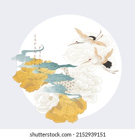 Japanese background with floral gold  texture vector. Peony flower, hand drawn wave chinese cloud decorations logo and icon in vintage style. Crane birds element with art abstract banner design.