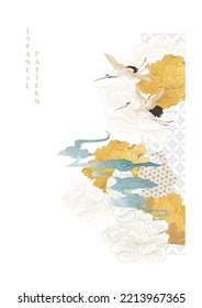 Japanese background with floral gold  texture vector. Peony flower, hand drawn wave chinese cloud decorations in vintage style. Crane birds element with art abstract banner design. Geometric pattern.