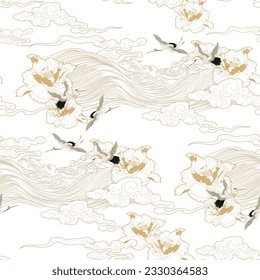 Japanese background with floral gold  texture vector. Peony flower, hand drawn wave seamless pattern. Chinese cloud decorations in vintage style. Crane birds element with art abstract banner design. 