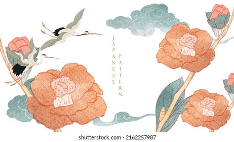 Japanese background with floral pattern texture vector. Camellia flower, hand drawn wave chinese cloud decorations in vintage style. Crane birds element with art abstract banner design