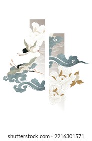 Japanese background with floral pattern vector. Peony flower, hand drawn chinese cloud decorations in vintage style. Crane birds element with art abstract banner design