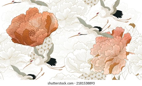 Japanese background with floral watercolor  texture vector. Hand drawn flower pattern decorations in vintage style. Crane birds element with art abstract banner design in oriental style.