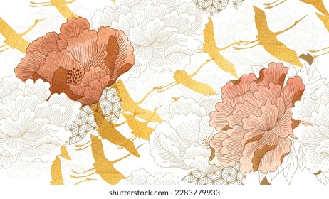 Japanese background with floral watercolor  texture vector. Hand drawn peony flower pattern decorations in vintage style. Gold crane birds element with art abstract banner design in oriental style.