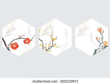 Japanese background with flower decoration vector. Abstract art template with hand drawn wave pattern in oriental style. Geometric logo design with crane birds.