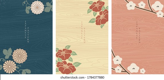 Japanese background with flower elements vector. Wooden pattern texture in Asian design.  