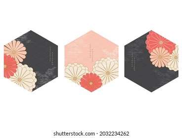 Japanese background with flower pattern vector. Abstract art template with hand drawn wave pattern in vintage style. Geometric logo design and Asian icon.