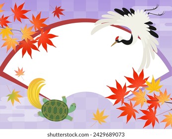 Japanese background frame of crane turtle and autumn leaves
