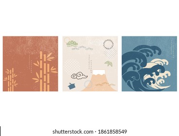 Japanese background with Fuji mountain elements vector. Asian banner with wave and bamboo icon in vintage style. 