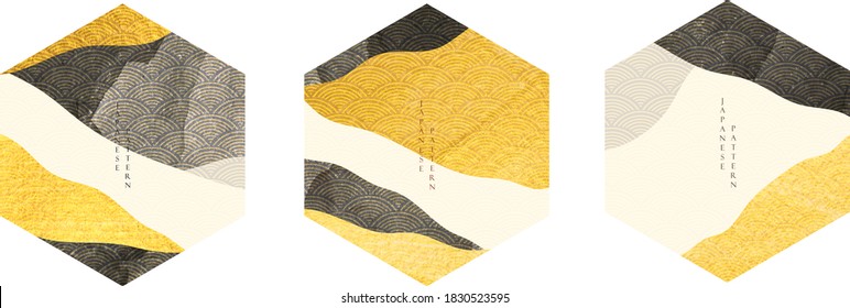 Japanese background with geometric elements vector. Abstract template with art landscape in oriental style. Gold foil and black watercolor texture.