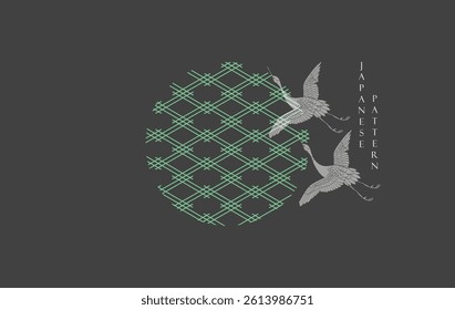 Japanese background with Geometric pattern and crane birds vector with poster and template design. Icon and symbol.