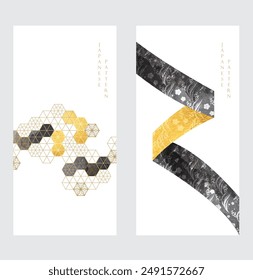 Japanese background with geometric pattern decorations in vintage style. Gold and black watercolor texture card design