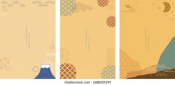 Japanese background with geometric pattern vector. Asian icons with abstract elements. Moon, wave, bamboo, bonsai, Fuji mountain, and cloud symbols in vintage style.