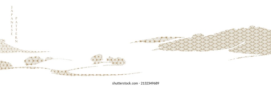 Fondo japonés con vector de patrón geométrico. Decoración artística abstracta con banner de elemento lineal de estilo vintage. Objeto de bosque de montaña.