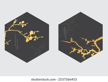 Japanese background with gold and black branch of flower texture painting texture. Oriental natural gold watercolor decoration black banner design in vintage style.